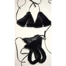 Pelz Bikini Rex Chinchilla & Leder Set BH & String Slip Fell Ouvert Dessous Schwarz