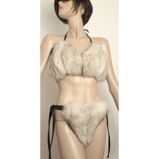 Pelz Bikini Blaufuchs beidseitig Fell Leder 2 tlg.Set BH & String Slip offen Ouvert natur Weiß