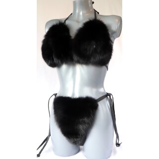 Pelz Bikini Blaufuchs beidseitig Fell 2 tlg.Set BH & String Slip Leder Offen Ouvert Schwarz