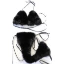 Pelz Bikini Blaufuchs beidseitig Fell 2 tlg.Set BH & String Slip Leder Offen Ouvert Schwarz