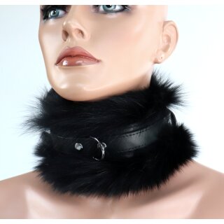 Pelz Halsband Blaufuchs Leder Steh Kragen HalsFessel Nieten D-Ring Schnallen Schwarz